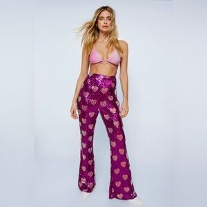 Disco Wide Leg Flare Pants - Heart Sequin